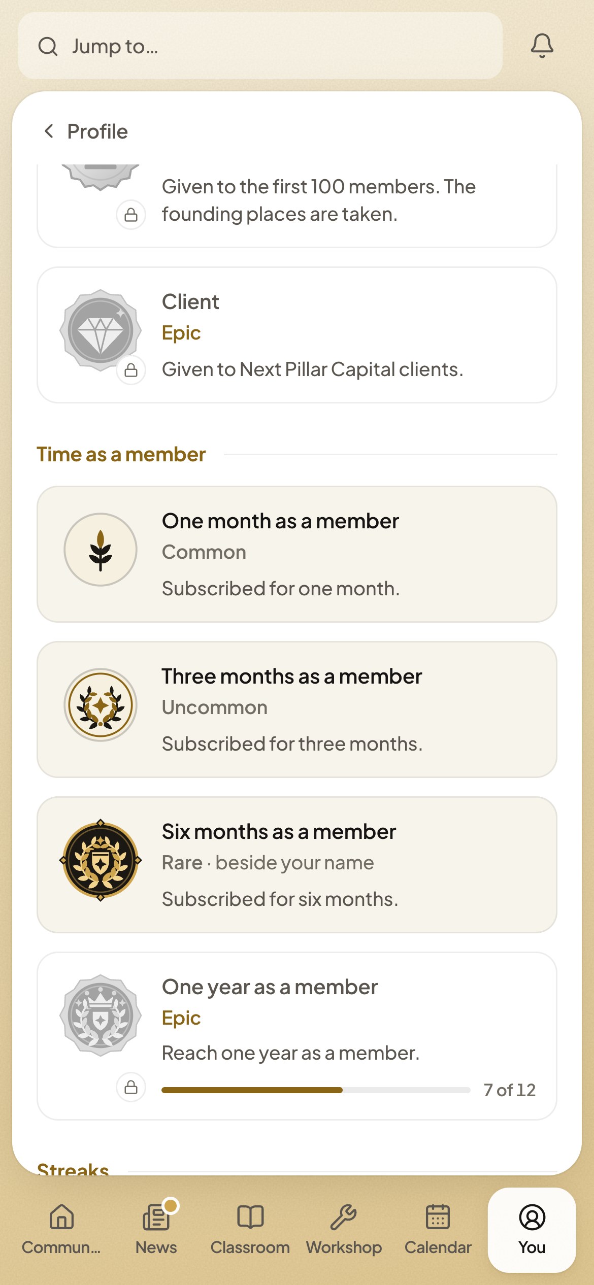 Badges and progress in the Next Pillar Academy on iPhone